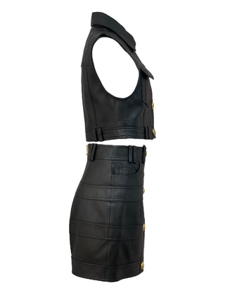 Balmain Black Leather Vest & Skirt Set with Gold Lion Buttons