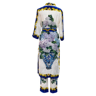 Dolce & Gabbana White Bouquet Printed Silk Button Down Belted Dress and Trousers Set