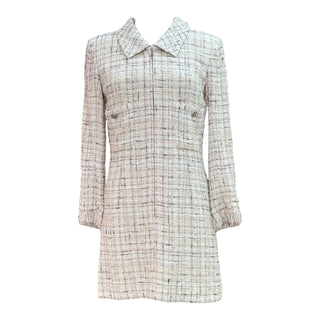 Chanel Pink & White Checkered Tweed Long Sleeve Mini Dress