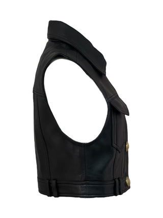 Balmain Black Leather Vest & Skirt Set with Gold Lion Buttons