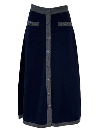 Chanel Navy & Grey Trim Knit Midi Skirt With CC Buttons
