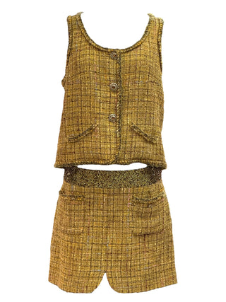 Chanel Golden Tweed Two-Piece Set With Sleeveless Button-Up Top And Mini Skirt