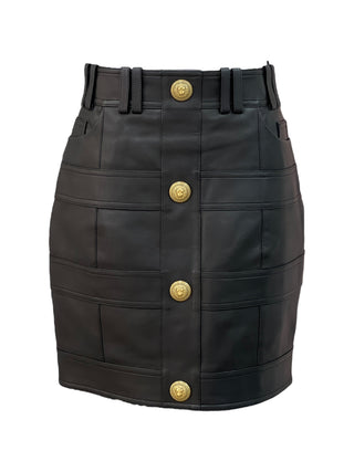 Balmain Black Leather Vest & Skirt Set with Gold Lion Buttons