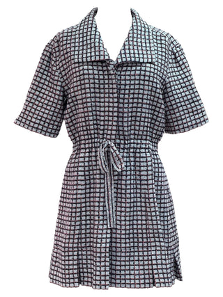 Chanel Grey Checkered Short-Sleeve Shirt Dress With Drawstring Waist