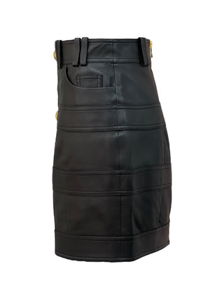 Balmain Black Leather Vest & Skirt Set with Gold Lion Buttons