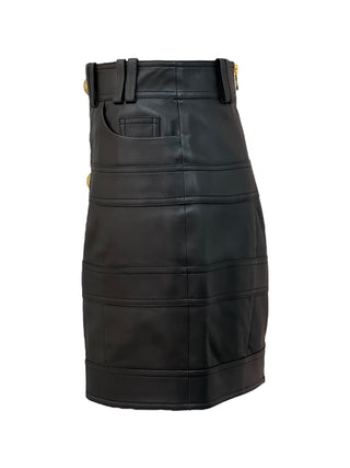 Balmain Black Leather Vest & Skirt Set with Gold Lion Buttons