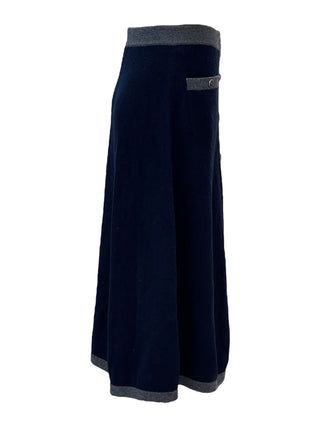 Chanel Navy & Grey Trim Knit Midi Skirt With CC Buttons