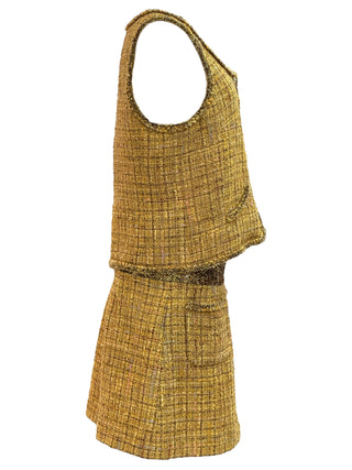 Chanel Golden Tweed Two-Piece Set With Sleeveless Button-Up Top And Mini Skirt