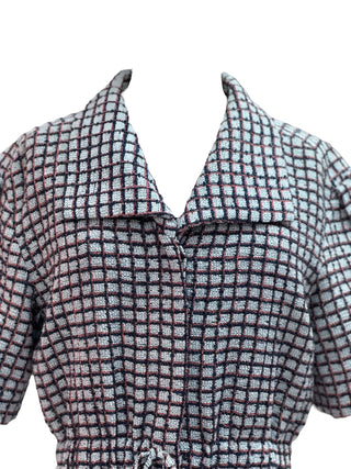 Chanel Grey Checkered Short-Sleeve Shirt Dress With Drawstring Waist