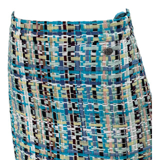 Chanel Blue Multicolor Tweed Pencil Skirt with Fringe Hem