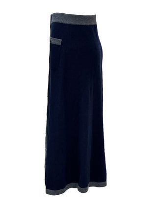 Chanel Navy & Grey Trim Knit Midi Skirt With CC Buttons