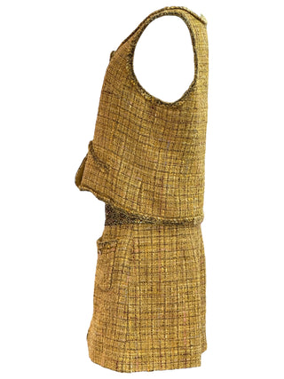 Chanel Golden Tweed Two-Piece Set With Sleeveless Button-Up Top And Mini Skirt