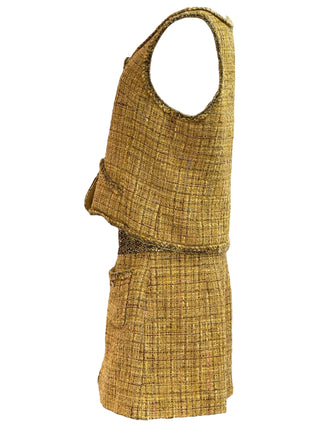 Chanel Golden Tweed Two-Piece Set With Sleeveless Button-Up Top And Mini Skirt