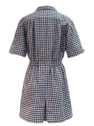 Chanel Grey Checkered Short-Sleeve Shirt Dress With Drawstring Waist