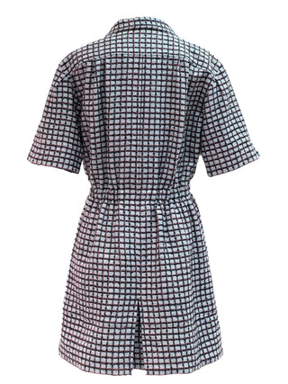 Chanel Grey Checkered Short-Sleeve Shirt Dress With Drawstring Waist