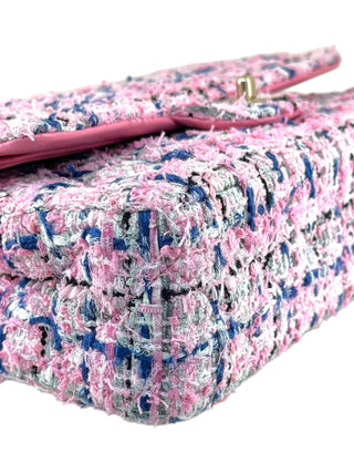 Chanel Pink Multicoloured Tweed Classic Double Flap Bag With Gold Hardware