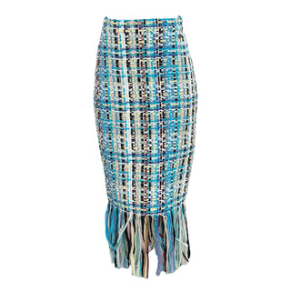 Chanel Blue Multicolor Tweed Pencil Skirt with Fringe Hem
