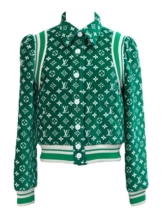 Louis Vuitton Green Monogram Button-Up Knit Jacket With Striped Trim