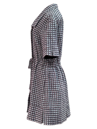 Chanel Grey Checkered Short-Sleeve Shirt Dress With Drawstring Waist
