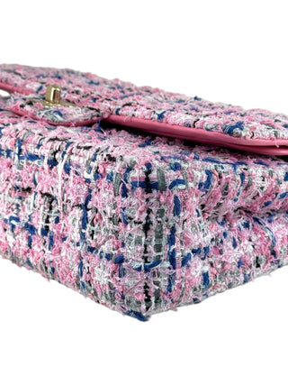 Chanel Pink Multicoloured Tweed Classic Double Flap Bag With Gold Hardware