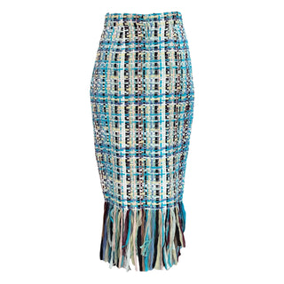 Chanel Blue Multicolor Tweed Pencil Skirt with Fringe Hem