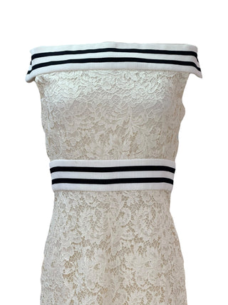 Chanel Cream Floral Lace Off-Shoulder Dress With Striped Knit Trim