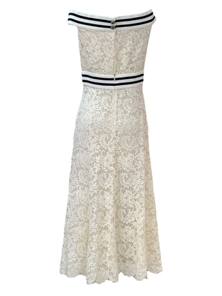 Chanel Cream Floral Lace Off-Shoulder Dress With Striped Knit Trim