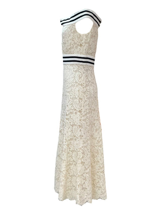 Chanel Cream Floral Lace Off-Shoulder Dress With Striped Knit Trim