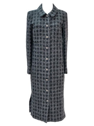 Chanel Grey Tweed Longline Jacket Dress With Jewel Buttons