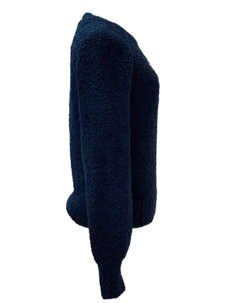 Chanel Navy Bouclé Fleece Knit Pullover with Red Intarsia CC Logo