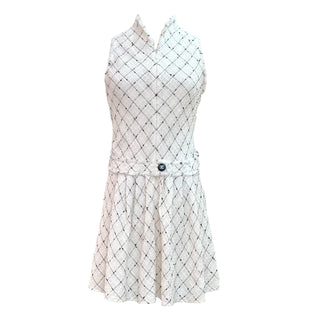 Chanel Cream Tweed Sleeveless Dress with Belted Waist & CC Button
