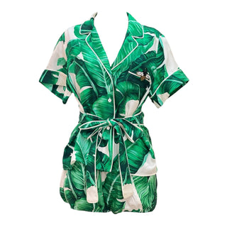Dolce & Gabbana Banana Leaf Print Silk Belted Shirt and Shorts Set