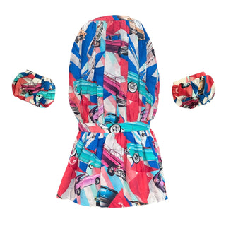 Chanel 50s Car Print Silk Halter Top and Maxi Skirt Set with Detachable Sleeves