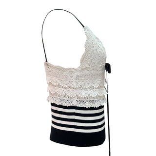 Chanel White Lace & Black Striped Knit Camisole Top with Satin Bow Detail