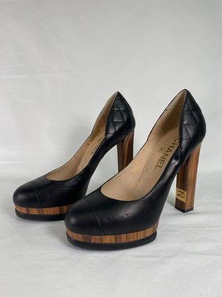 Chanel Black Quilted Leather Cap Toe Block Heel Pumps