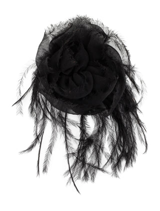Chanel Black Camellia Brooch with Feathers