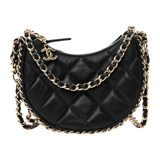 Chanel Lambskin Black Quilted Mini Chain Around Hobo Bag