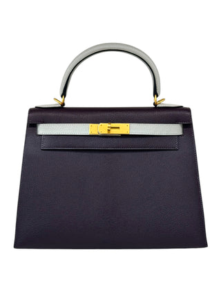 Hermès Kelly 28 Raisin & Gris Perle Bi Color Sellier With Matte GHW