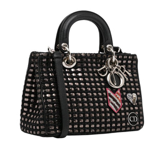 Christian Dior Black & Silver Metallic Tweed Small Lady Dior Bag