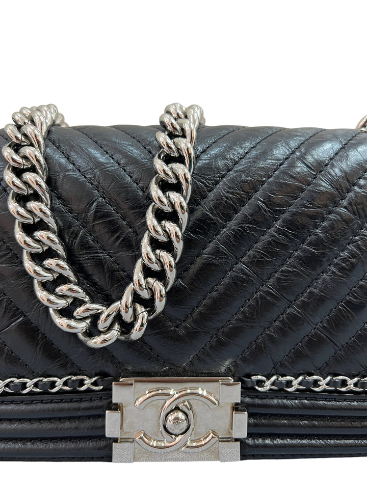 Chanel Black Chain V Stitch Chevron Shoulder Medium Boy Bag Bella Ling