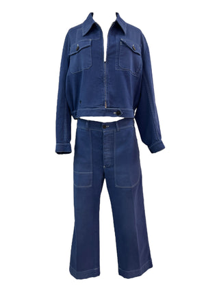Christian Dior Blue Denim Cropped Jacket and Wide-Leg Trousers Set