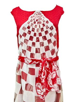 Fendi Red & White Layered Silk & Tulle Flared Midi Dress