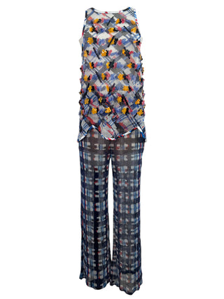 Chanel Floral Embellished Mesh Top and Plaid Trousers Set