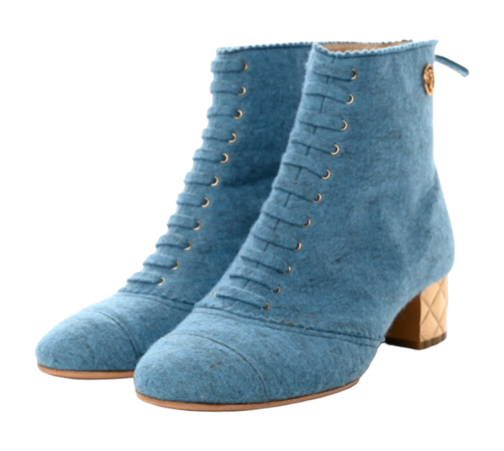 Chanel denim boots hotsell