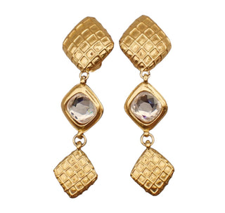 Chanel Vintage 1990's Quilted Triple Drop Earrings With Crystal Center