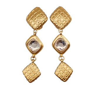 Chanel Vintage 1990's Quilted Triple Drop Earrings With Crystal Center