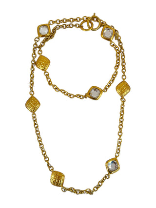 Chanel Gold Vintage Quilted Motif Crystal Chain Necklace
