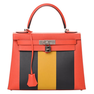Hermes Epsom Chevre Mysore Sombrero Kellygraphie Lettre M Kelly 28 Sellier In Capucine, Blue, Obscure & Ambre