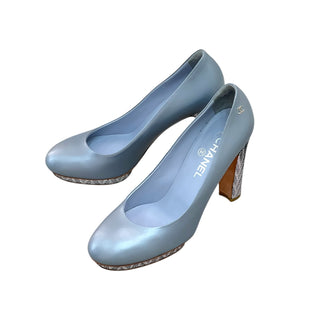 Chanel Silver-Blue Leather Platform Pumps with Tweed Block Heel