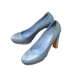 Chanel Silver-Blue Leather Platform Pumps with Tweed Block Heel